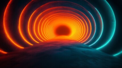 Fototapete - This artwork showcases a mesmerizing tunnel of concentric circles in vivid orange and blue hues, drawing the viewer's eye to a central dark void. The textured background adds depth to the composition.
