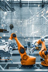 Two robotic arms operate on an assembly line, producing automobiles in a futuristic factory. The factory is filled with advanced technology and automation.