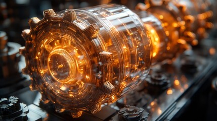 Poster - Glowing mechanical components with a focus on their intricate designs and craftsmanship are showcased in an advanced industrial setting, emphasizing innovation and technology.