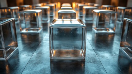 Poster - A series of transparent glass cubes is arranged symmetrically on a smooth, dark surface. Soft warm lighting highlights their edges, adding an artistic touch to the display.