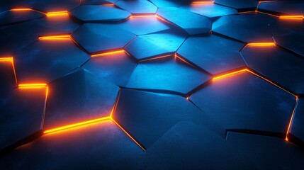 Leinwandbilder - An intriguing hexagonal design features bright orange lines glowing against a dark blue background, evoking a sense of modernity and depth. The illumination enhances the geometric shapes.