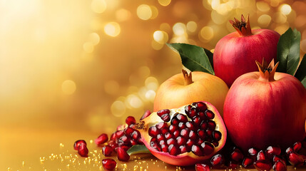 Pomegranate Seeds & Apples on Gold Background