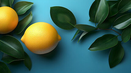 Wall Mural - Lemons and Leaves on a Blue Background