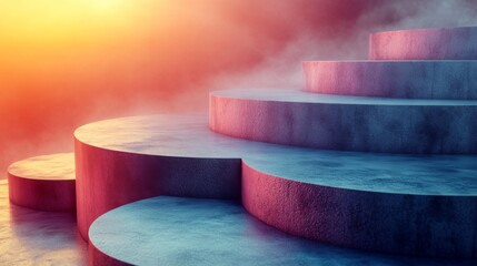 Fototapete - Circular stone steps rise gracefully into a colorful sunset, enveloped in mist. The vibrant hues reflect a tranquil atmosphere, inviting contemplation.