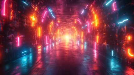 Aufkleber - A striking tunnel illuminated by colorful neon lights creates a mesmerizing atmosphere. This futuristic space invites exploration with its vivid patterns and radiant glow.