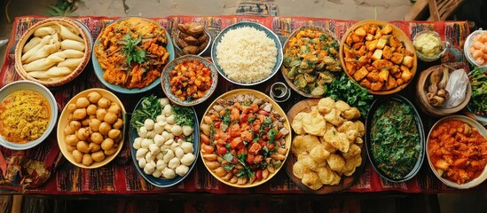 A table laid with a variety of Indian dishes, including rice, vegetables, and dumplings.