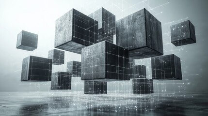 Fototapete - In a modern, high-tech setting, multiple floating cubes are illuminated by an ethereal light, highlighting their intricate surfaces and digital patterns.