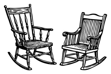  old model wooden chair and rocker vector art illustration 