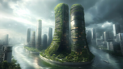 Wall Mural - Futuristic cityscape with eco-friendly skyscrapers and greenery.