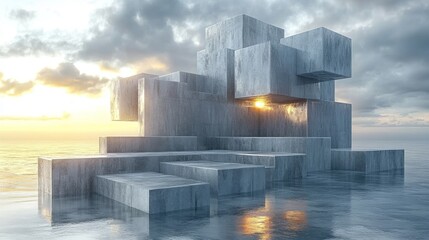 Aufkleber - Abstract stone blocks emerge from calm waters, reflecting the warm hues of a sunrise under a cloudy sky, creating a tranquil and surreal atmosphere.