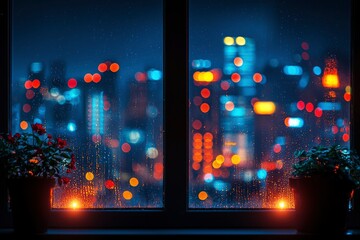 Wall Mural - A Rainy Night View of a City Through a Window