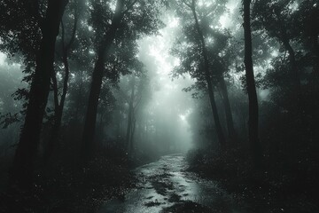 Wall Mural - A misty forest path with dappled sunlight and a stream in the foreground