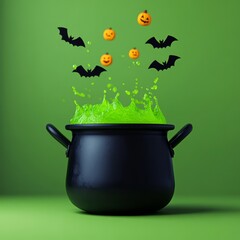 A black cauldron bubbling with green liquid, surrounded by bats and pumpkins.