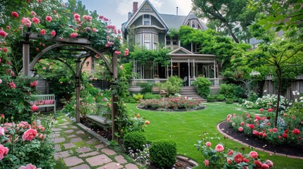 Poster - Beautiful Rose Garden with a Vintage Home in the Background