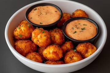 a bowl of crispy fried snacks with two dipping sauces.