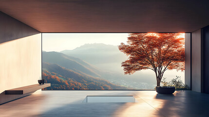 Canvas Print - Modern interior with a view of mountains and a vibrant tree.