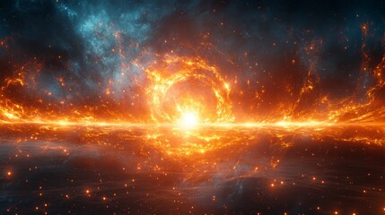 Poster - A stellar event unfolds with a brilliant explosion of light and color, as fiery elements radiate through the depths of space, creating a stunning cosmic spectacle.