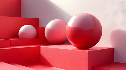 Wall Mural - Three glossy red spheres on layered red platforms.