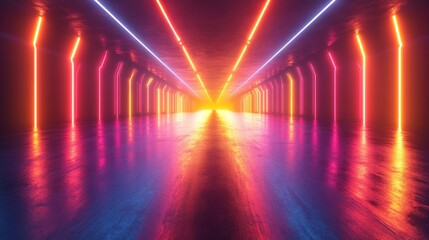 Aufkleber - An immersive tunnel filled with vibrant neon lights reflects a spectrum of colors on the polished floor, creating an otherworldly ambiance that's energizing yet inviting.