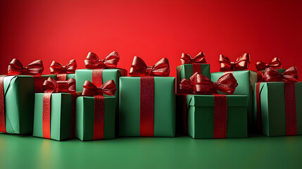 Canvas Print - A festive display of green and red gift boxes with bows.