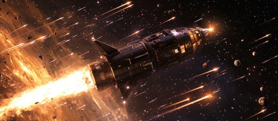 Wall Mural - A spaceship flies through a meteor shower, the fiery streaks of light illuminate the dark space.