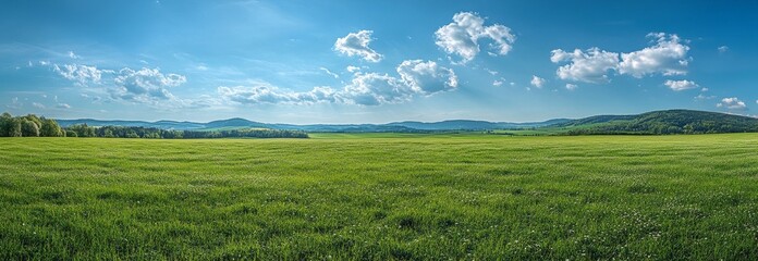 Fototapete - A panoramic view of a lush green field under a bright blue sky with fluffy clouds, rolling hills in the distance.