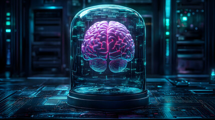 Poster - A futuristic brain encased in glass, illuminated with neon colors.