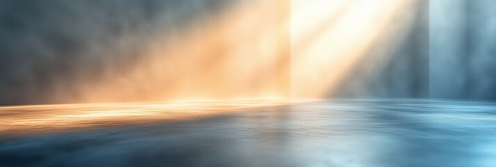 Poster - A photograph of an empty room with concrete walls and floor, sunlight shining through the window creating soft shadows on the wall