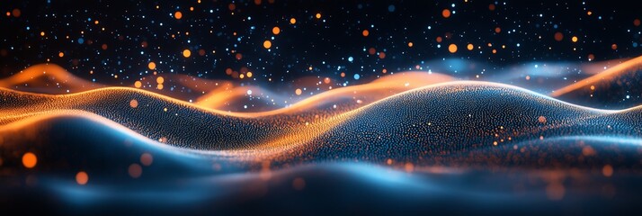 Poster - Abstract background with dark blue waves and glowing hexagons forming an interconnected network of lines