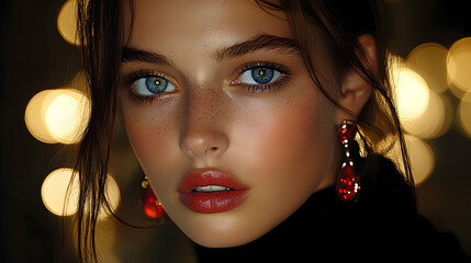 Wall Mural - Close-up portrait of a woman with striking blue eyes and earrings.