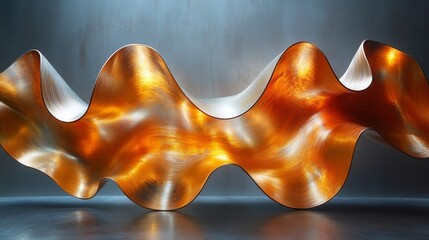 Leinwandbilder - This metal sculpture features a fluid, wavy design that captures light beautifully, showcasing a blend of copper and silver tones in a contemporary art gallery.