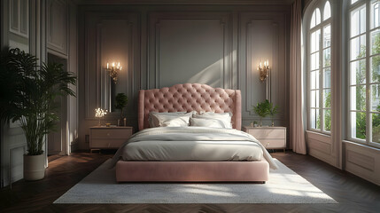 Poster - Elegant bedroom with a pink tufted bed and large windows.