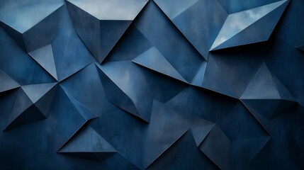 A blue wall with angular, abstract shapes in shades of grey and navy, resembling folded paper or origami forms