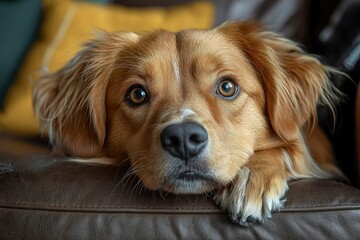 A Golden Retriever Dog's Close-Up Portrait, Looking Thoughtful