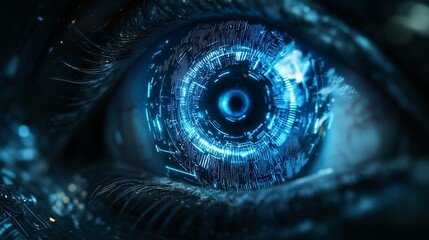 Poster - A massive eye with cybernetic structures around it, glowing blue in the center of its iris