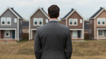 Aerial perspective of a confident real estate developer overlooking a neighborhood of contemporary homes in gigapixel detail