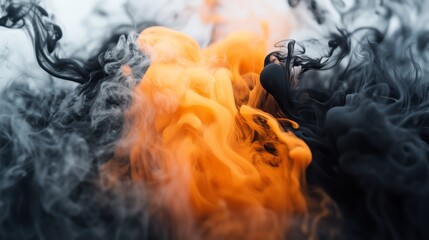 Poster - Black smoke and orange liquid blend into each other, creating an abstract background with fluid shapes