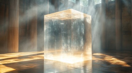 Fototapete - A luminous cube stands at the center of a historic stone hall. Soft light filters through large windows, creating a mystical atmosphere with beams reflecting off the cube's surface.