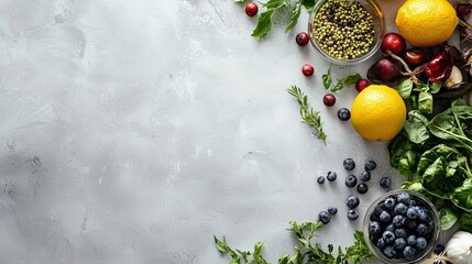 Fresh fruits and vegetables with herbs on light textured surface