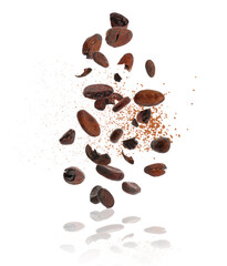 Poster - Cocoa beans and powder in air on white background