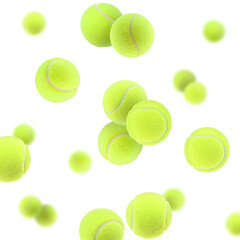 Wall Mural - Many bright tennis balls in air on white background