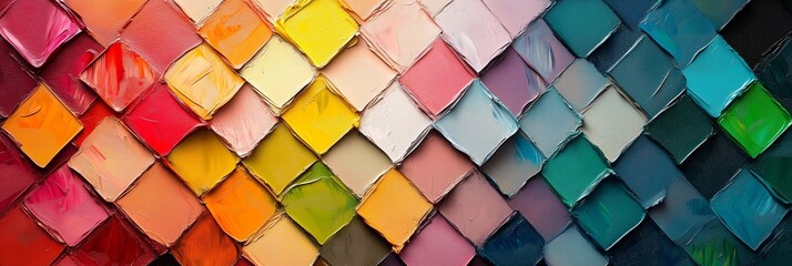 Poster - A background of small, colorful squares in various shades of vibrant colors arranged like diamonds on an oil painting canvas