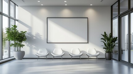 Poster - A photo of a large white wall with an empty frame in the waiting room, with a clean and modern minimalist design