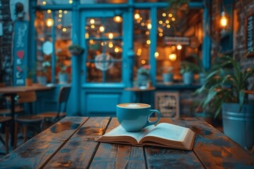 Cup of Coffee and an Open Book on Wooden Table at Street Cafe in the Evening with Bokeh Effect