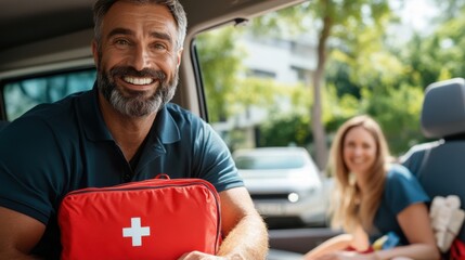 a cheerful duo relaxes in a van, basking under the sun, with a red first aid kit, symbolizing safety