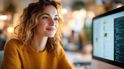 A woman in a yellow sweater engages in computer coding, focused and productive, in a modern, well-lit office environment enhancing creativity and innovation.