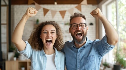 A couple expresses excitement and joy in a cozy living room, smiling and cheering, demonstrating the essence of human happiness and personal success.