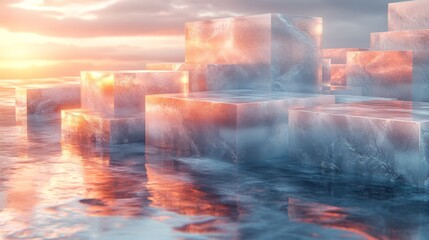 Poster - Large, reflective ice blocks emerge from calm waters, creating a mesmerizing display as the sun sets, painting the sky in vibrant colors.