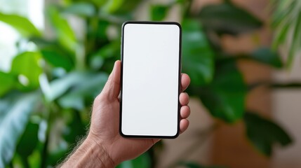 A hand is seen holding a smartphone surrounded by vibrant houseplant leaves, expressing the intertwining of digital innovation with natural elements.