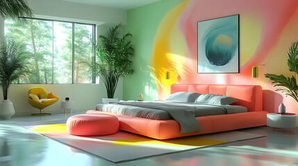 Poster - Modern bedroom with vibrant colors and stylish furniture.